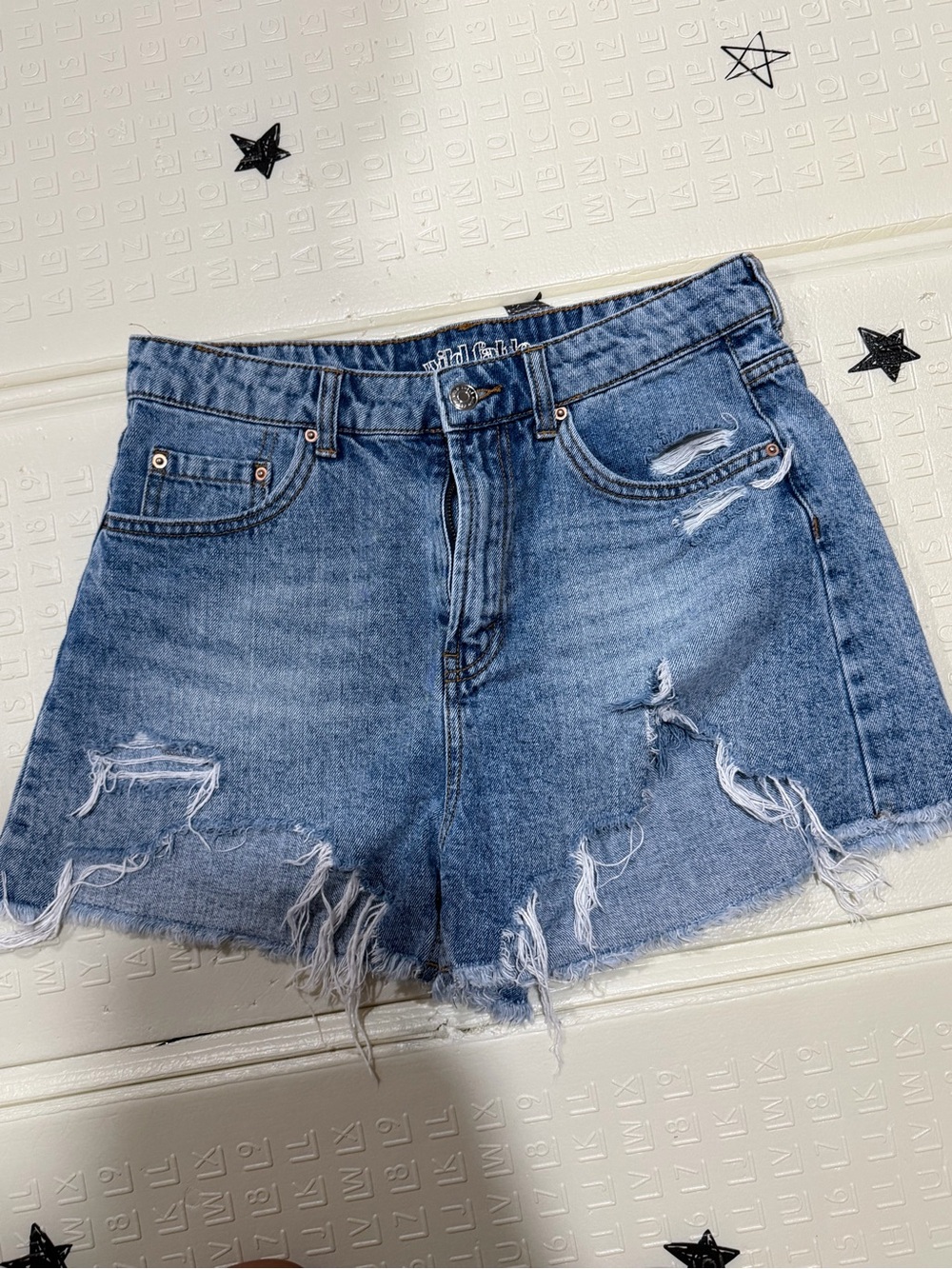 High-Rise Distressed Denim Shorts - Blue